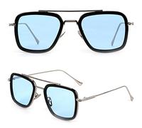 Retro Vintage Sunglasses Tony Stark Glasses Square Metal Frame for Men Women Goggle Classic Alloy Frame (Black Frame Ocean Blue Lens Silver Arm)