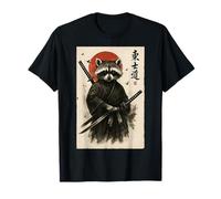 Retro Vintage Sunset Japanese Ink Wash Samurai Raccoon T-Shirt