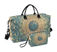 Retro Vintage Victorian Style Peacock Feather Blue Green Decorative Personal Item Travel Bag Sports Duffel Bags with Toiletry Bag for Airplane Traveling 2 Pcs Set Bolsa de Mano para ropa de