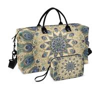 Retro Vintage Victorian Style Peacock Feather Green Gold Decorative Carry On Tote Bag Travel Tote Gym Bag with Adjustable Strap for Hiking 2 Pcs Set Bolsa para Gym para Mujer