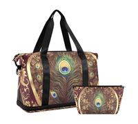 Retro Vintage Victorian Style Peacock Feather Pattern Gym Sports Duffel Bags Gym Carry on Duffel Bags with Toiletry Bag for Yoga Multifunctional, retro vintage Victorian style peacock feather pattern,