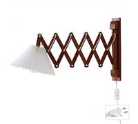 Retro wall light indoor wood wall lamp with switch, adjustable telescopic arm scissor lamp, extendable bedside lamp flexible wall reading lamp fabric shade E27 industrial wall lighting bedroom lamp