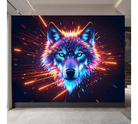 Retro Wallpaper 250x180cm Black Background with Colored Lines Wolf Girls Wallpaper for Bedroom Realistic 3D Oil Canvas Mural with Seamless Joints, Great for Study Room or Media Wall EB24-1838