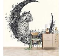 Retro Wallpaper 250x180cm Crescent Flower Tiger Girls Wallpaper for Bedroom Realistic 3D Oil Canvas Mural with Seamless Joints, Great for Study Room or Media Wall EB24-5183