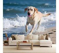 Retro Wallpaper 250x180cm Dog Seaside Girls Wallpaper for Bedroom Realistic 3D Oil Canvas Mural with Seamless Joints, Great for Study Room or Media Wall EB24-4120