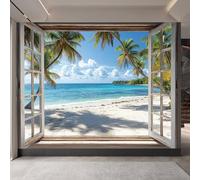 Retro Wallpaper 250x370cm Beach with Coconut Trees Outside The Window Leaf Wallpaper Seamless Edge-to-Edge Canvas Mural in Oil Painting Style for Elegant Living Room Design EB24-4858