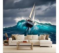 Retro Wallpaper 250x370cm Wave Sailing Boat Leaf Wallpaper Seamless Edge-to-Edge Canvas Mural in Oil Painting Style for Elegant Living Room Design EB24-221