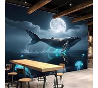 Retro Wallpaper 250x370cm Whale Moon On Water Leaf Wallpaper Seamless Edge-to-Edge Canvas Mural in Oil Painting Style for Elegant Living Room Design EB24-2779