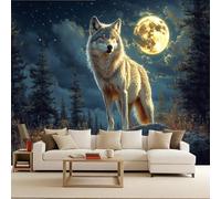 Retro Wallpaper 300x210cm Oil Painting Forest Wolf Stick on Wallpaper 3D Wall Design with Seamless Oil Painting Canvas, Great for Creating an Accent Wall in Dining Area EB24-10016