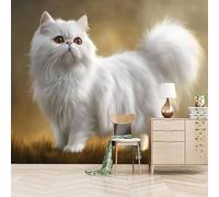 Retro Wallpaper 300x210cm White Cat Stick on Wallpaper 3D Wall Design with Seamless Oil Painting Canvas, Great for Creating an Accent Wall in Dining Area EB24-4520