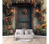 Retro Wallpaper 350x260cm Flowers in Front of The Door Relief Wallpaper Seamless Panoramic Canvas Mural in Oil Paint Style, Great for Modern Apartments or lofts EB24-4832