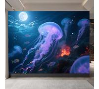 Retro Wallpaper 350x260cm Pink Jellyfish On The Seabed Relief Wallpaper Seamless Panoramic Canvas Mural in Oil Paint Style, Great for Modern Apartments or lofts EB24-2627