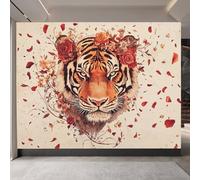 Retro Wallpaper 350x260cm Tiger in The Flower Bush Relief Wallpaper Seamless Panoramic Canvas Mural in Oil Paint Style, Great for Modern Apartments or lofts EB24-5579