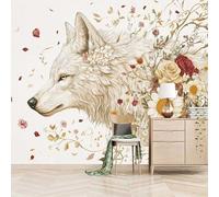 Retro Wallpaper 350x260cm White Fox in The Flowers Relief Wallpaper Seamless Panoramic Canvas Mural in Oil Paint Style, Great for Modern Apartments or lofts EB24-5558