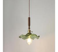 Retro Walnut Wood Pendant Light Dining Room Hanging Lamp with Knob Switch, 1-Light Glass Pendant Lighting Kit Adjustable Hanging Light Kitchen Island Light Fixture - E27 Socket (Green)