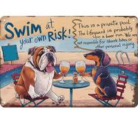 Retro Warning Tin Sign,Vintage Beware Metal Sign Wall Decor for Outdoors Bar Yard, Farm, Fence, Home, 8x12 Inches (Swim at Your Own Risk)