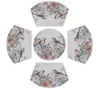 Retro Watercolor Birds Berry PVC Wedge Placemats for Round Table Set of 5, Heat Resistant Table Mat with Centerpiece Round Mat, Washable Non-Slip Place Mats
