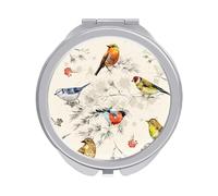 Retro Watercolor Birds on Trees with Leaves on Beige Folding Make Up Mirror, Compact 2X/1X Magnification Mirror, Women Portable Travel Makeup Mirror 2.4 x 2.4 inch