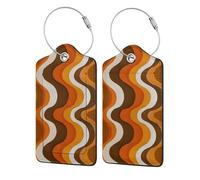 Retro Waves Pattern Orange Brown White Luggage Tag for Suitcase 2 Pack Leather Luggage Tag with Privacy Flap Name Id Label and Metal Loop for Women Men Travel