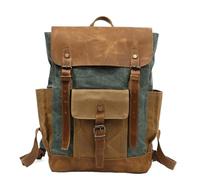 Retro Waxed Canvas Crazy Horse Leather Flip Backpack Large Capacity 16.5-inch Computer Compartment Backpack Unisex Multi-pocket Outdoor Travel Hiking Camping Casual Commuting Student(Lake green)