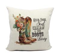 Retro Western Country Floral Cowboy Boot Keep Your Soul Clean and Your Boots Dirty Throw Pillow Cover,Cowgirl Teen Girls Gifts,18 x 18 Inch Western Decorative Linen Cushion Cover for Sofa Couch Bed
