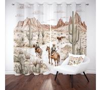 Retro Western Cowboy Blackout Curtains for Living Room Desert Animals Horses Curtain for Bedroom Soundproof Thermal Plant Cactus Black Out Curtains for Kids Teens Room, Set of 2 Panels W 46" x L 54"