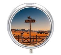 Retro Western Cowboy Horseback Metal Pill Organizer, 3 Compartment Waterproof Pill Case with Mirror for Purse Pocket Bag, Daily Medicine Vitamin Holder, Portable Travel Med Container(Round)