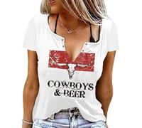 Retro Western Cowboy Shirt Women Country Music Cute Cattle Skull Graphic Concert Outfit Tops, White10, M