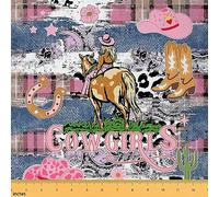 Retro Western Cowgirl Fabric by The Yard,Girly Pink Flowers Hat Material by The Yard,Farmhouse Decor Horseshoe Boots Fabric Panels for Quilting,Vintage Cow Skin Patchwork Sewing Fabric,1 Yard