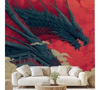 Retro Western Dragon Mural Red Cloud Dragon Self-Adhesive Wallpaper 100x70 cm Oriental Architecture Canvas Wall Paper for Bedroom Living Room Wall Mural Removable Stickers zw213x