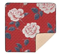 Retro White Flowers Red Pattern Large Sturdy Baby Play Mat for Floor Washable Tummy Time Mat for Newborns Babies Infants Toddlers, 50'' x 50''