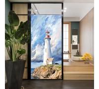 Retro White Lighthouse Stained Glass Window Film Abstract Watercolor Coastal Style Privacy Window Film Glass Door Covering Non-Adhesive Window Stickers for Bathroom Kitchen 23.6Wx35.4L inch