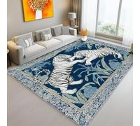 Retro White Tiger Plants Area Rug 100 X 150 Cm Machine Washable Rug For Living Room Non Slip Non Shedding Area Rugs Soft Short Pile Carpet For Dining Room Office Blue White