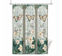Retro Window Flowering Shower Curtain for Bathroom, Teal Floral Butterfly Waterproof Cloth Fabric Bathroom Accessories Set with 12 Rust Proof Plastic Hooks, 56” x 78”