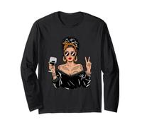 Retro Wine Lady Messy Bun Leopard Bandana Vibes Long Sleeve T-Shirt