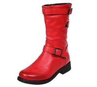 Retro Women Zipper Square Heel Solid Color Middle Boots Round Toe Shoes Women's Rubber Boots Wide Calf (Red, 7.5)