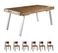 Retro Wood And Metal Large Dining Table Set With 6 Chairs