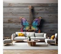 Retro Wood Grain Wall Mural Music Butterfly Guitar Photo Poster Mural Wallpaper Non-Woven Premium Art Print Living Room Bedroom Nursery TV Background Home Decor 300 x 210cm