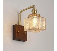 Retro Wood Wall Sconce Modern Antique Brass Finish Wall Light Fixture Hand-blown Glass Shade, Nordic Solid Wood Wall Lamp For Bedroom Bedside Living Room Hallway, E27