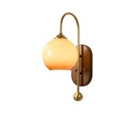 Retro Wood Wall Sconce Modern Antique Brass Finish Wall Light Fixture Hand-Blown Glass Shade, Nordic Solid Wood Wall Lamp for Bedroom Bedside Living Room Hallway, E27