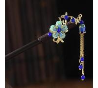 Retro Wooden Hairpin, Blue Flower Hair Stick with Tassel, Handmade Vintage Hair Accessories for Women Girl, 2 Pieces Hair Clips Gift