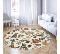 Retro Woodland Oak Leaves Round Area Rug Country Circle Carpet 90cm | Brown Squirrel Wild Bird Pinecone Stain-Resistant Foldable Thin Floor-Mat For Living Room Bedroom Nursery