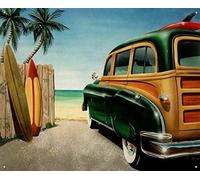 Retro Woody Wagon Surf Board Metal Tin Sign Picture Beach Classic Car Decor Gift Retro Wall Home Bar Pub Vintage Cafe Decor, 8x12 Inch
