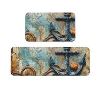 Retro World Map,Anchor Rug Cushioned Kitchen Rugs Sets Of 2 Comfort Standing Mat For Home Decor Sink,Kitchen Mats For Floor Non Slip Washable ，Laundr 17"X47"+17"X30"