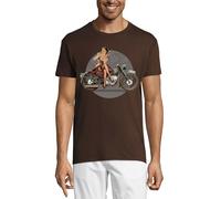 Retro WW2 Motorcycle Pin-Up Girl Crew Neck Cotton Men's T-Shirt Chocolate Large