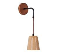 Retro Yellow Travertine Wall Sconce Wabi-sabi Bedside Wall Mounted Light, Adjustable Height Rural Farmhouse Wall Lamp, Wood Wall Lighting with Stone Shade