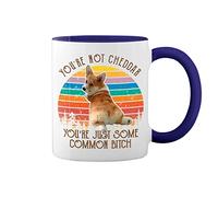 Retro Youre Not Cheddar Youre Just Some Common Btch White Coffee Mug with Blue Rim & Handle
