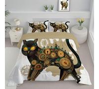 Retrofuturism Coverless Duvet Set with 2 Pillowcases, Super King Reversible Duvet All Seasons with Clockwork Steampunk Cat Pattern, Lightweight and Warm Down Alternative, 240x260cm, Black And White