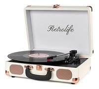 Retrolife Record Player 3-Speed Bluetooth Suitcase Turntable, Classic White | Belt Driven Vinyl Player, Built-in Speakers, Wireless Input, RCA Line Out, AUX In, Headphone Jack, 33/45/78 RMP, Vintage