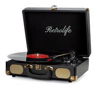 Retrolife Record Player 3-Speed Bluetooth Suitcase Turntable, Dark Black | Belt Driven Vinyl Player, Built-in Speakers, Wireless Input, RCA Line Out, AUX In, Headphone Jack, 33/45/78 RMP, Vintage